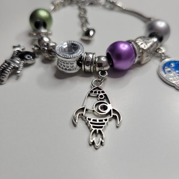 NWT Pandora Style Charm Bracelet Space Rocket Astronaut Enameled Charms Medium - Picture 6 of 12